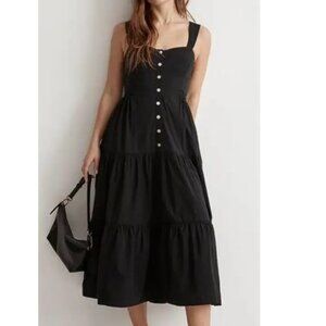 NWT Madewell Suzette Button-Front Tiered Midi Dress Black Cotton Poplin 8 NK427